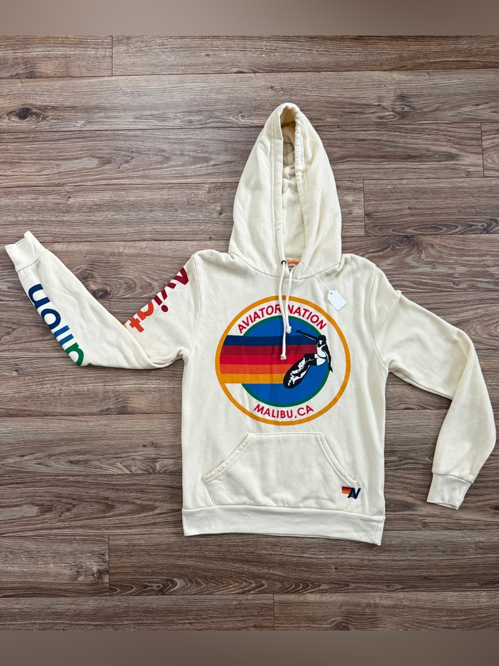 Aviator Nation Vintage White / Cream  Hoodie w/ Multicolor Retro Logo size S NWT